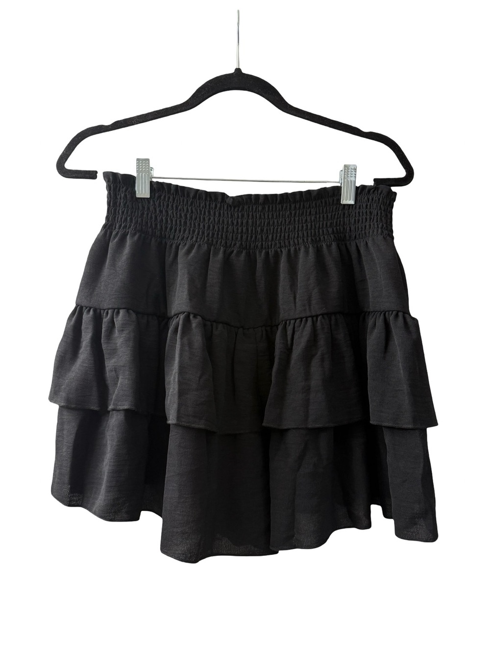 Smocked Waist Black Tiered Skater Mini Skirt stretch waistband 14-22” Size L